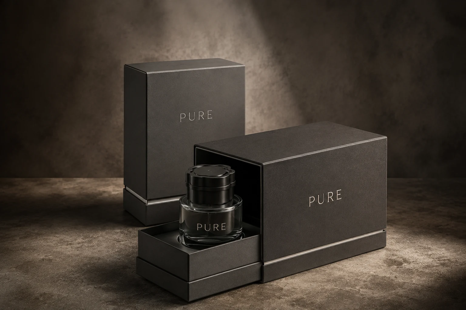 Complete black fragrance packaging set — rigid box, drawer, flacon, cap and pump